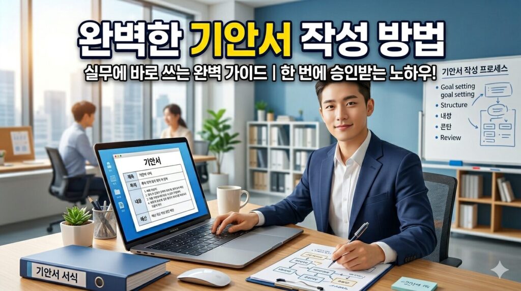 깔끔한 사무실에서 한 남자가 노트북에 기안서 서식을 띄워두고 펜을 쥔 채 미소 짓는 완벽한 기안서 작성 방법 가이드