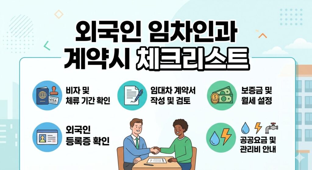 외국인 임차인 계약 시 체크리스트인 비자 확인, 임대차 계약서 작성, 보증금 설정, 외국인 등록증 및 공공요금 안내 항목과 악수하는 두 사람 일러스트