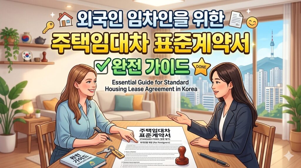 외국인 임차인을 위한 주택임대차 표준계약서 작성법을 설명하는 두 여성과 테이블 위 계약서 서류